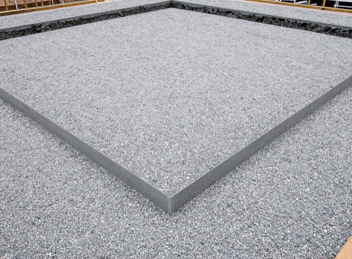 Excavated groundworks site showing a perfectly leveled and compacted crushed stone sub-base, clean geometric edges, professional construction