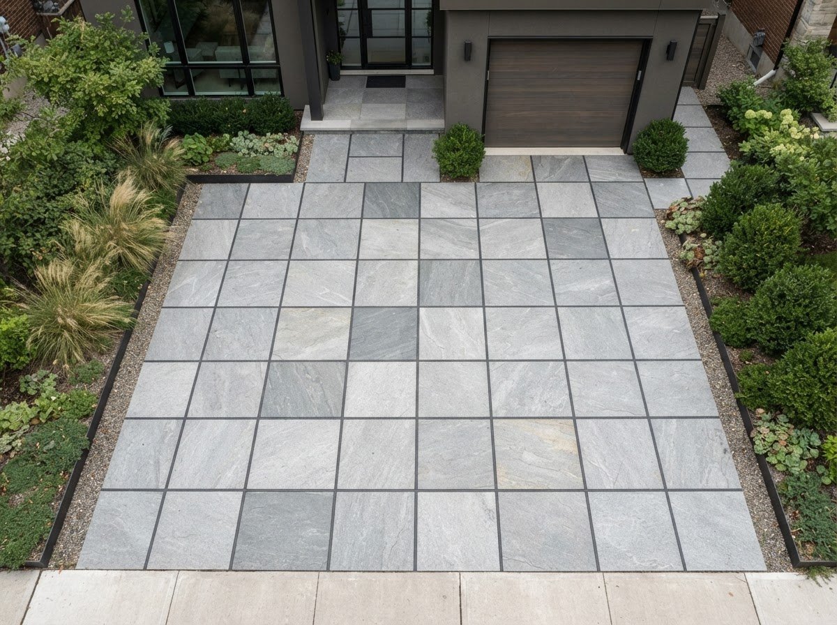 Crisp architectural overhead photography of a modern granite driveway, sharp joints, clean desaturated tones, soft overcast daylight