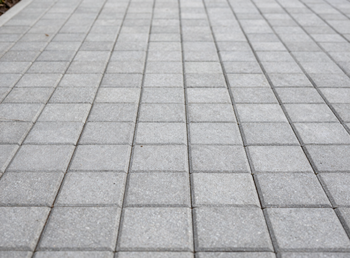 Close-up architectural shot of perfectly aligned grey block paving stones, sharp joints, desaturated tones, soft morning light