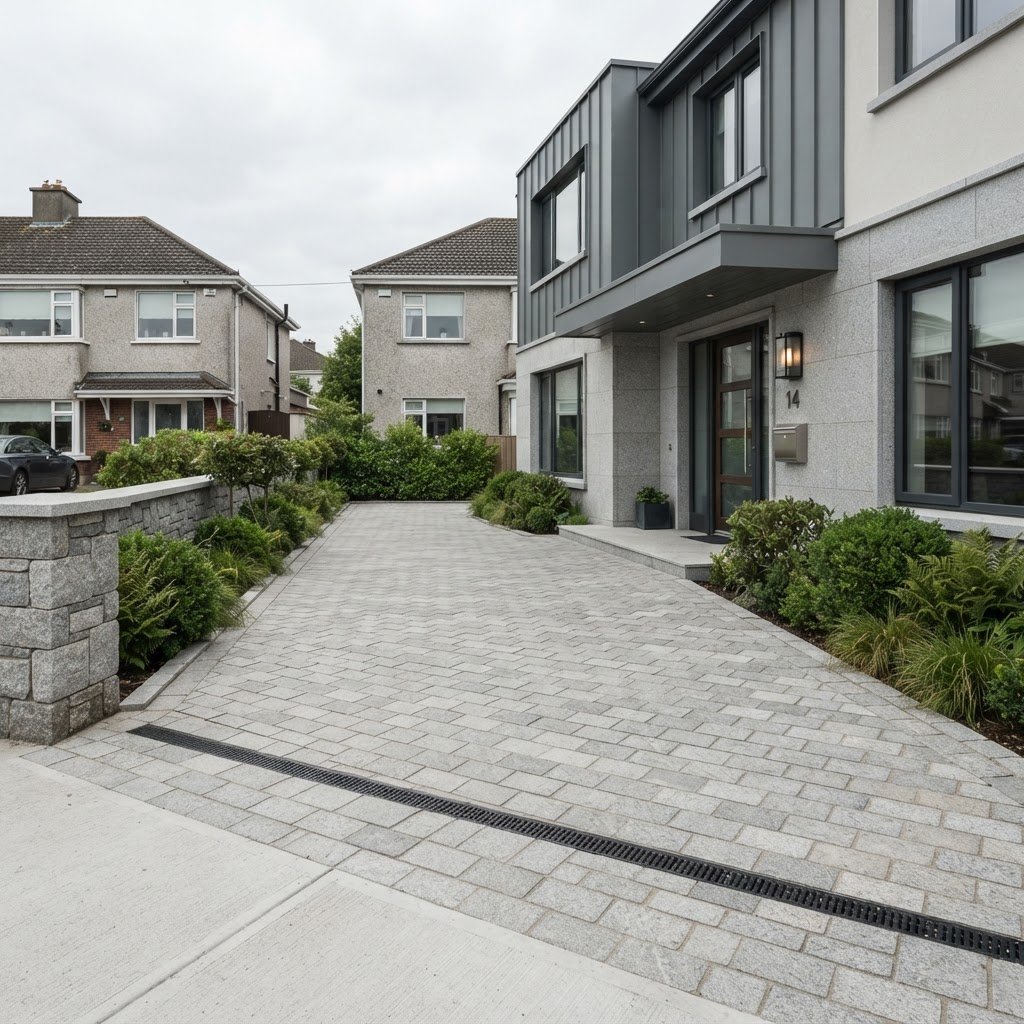 Crisp architectural photography of a finished modern stone driveway in Dublin, sharp focus, soft overcast daylight, clean lines